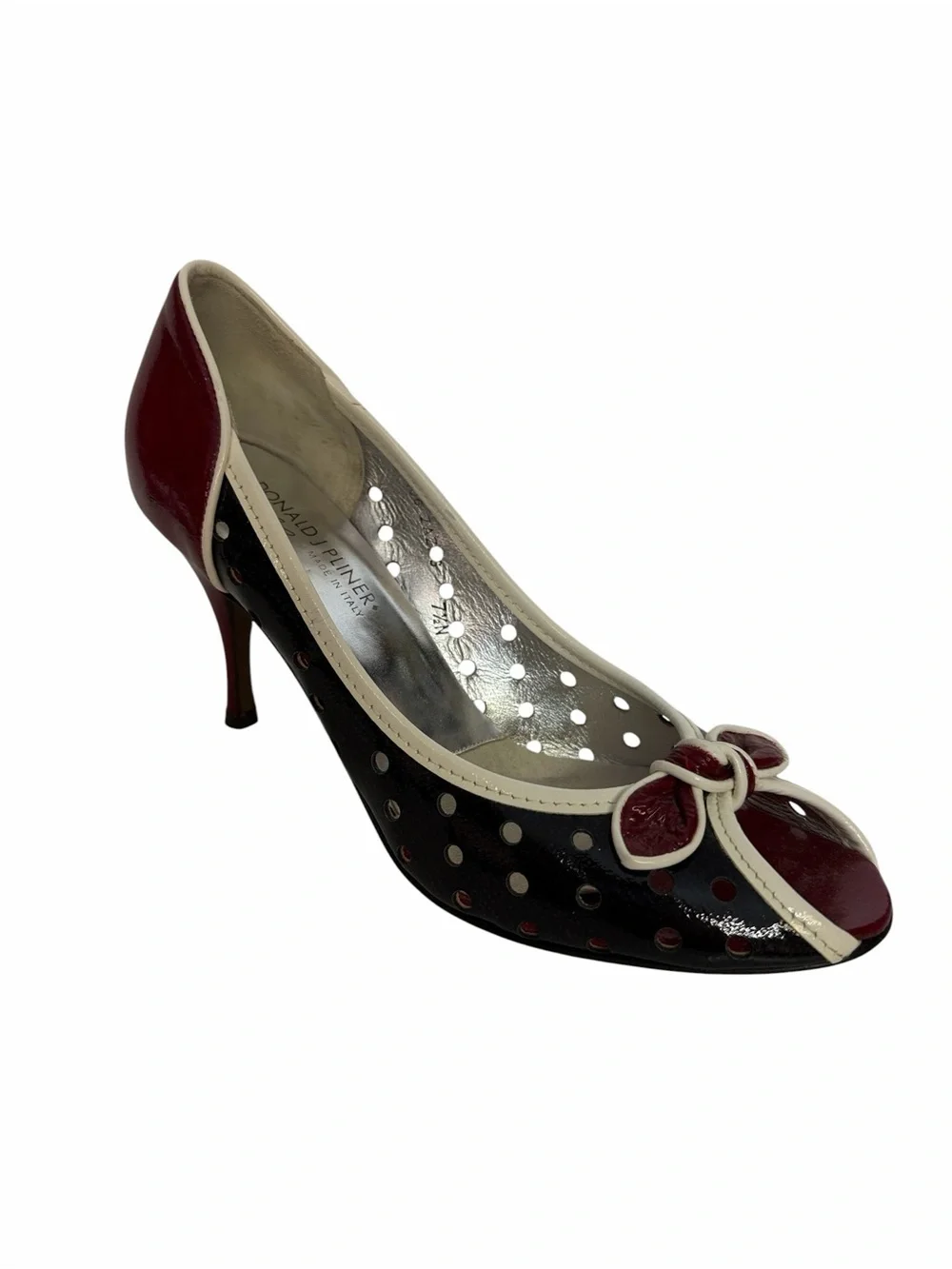 Donald J. Pliner Burgundy and Cream Bow Peep-Toe Heels - Picture 2 of 5